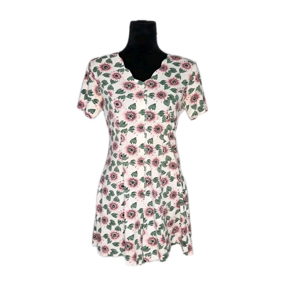 Vintage 90s Bonnie Evans Women’s Floral Print Scalloped Romper Button Front M
